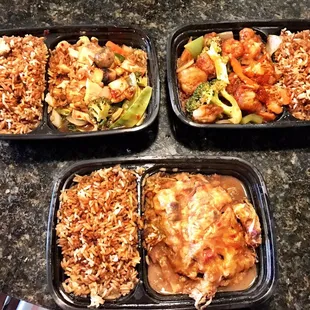 Garlic Chicken (top left) , Hot Braised Shrimp (top right), and Egg Foo Young bottom