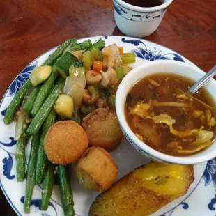 Green beans, fried banana, fried scallops, cashew chicken, hot &amp; sour soup