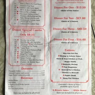 Dinner and family combos Aug 2018