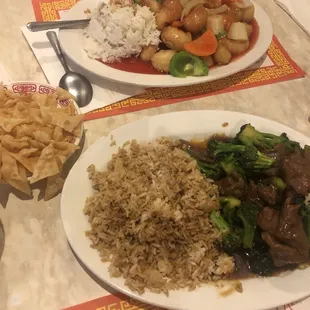 Beef and broccoli with fried rice  lunch special and sweet and sour chicken with white rice