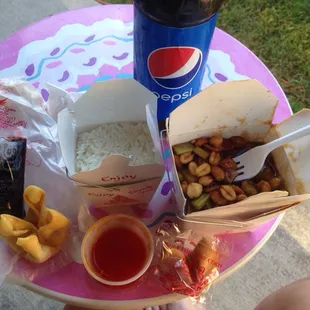 Crabmeat Rangoon, King Pao Beef, side rice, and soda Pepsi! Fresh and Hot!!