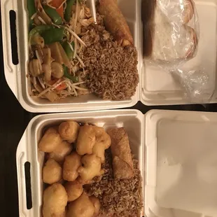 two takeout containers with food in them
