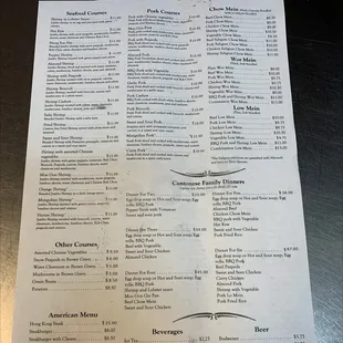 the menu of the restaurant