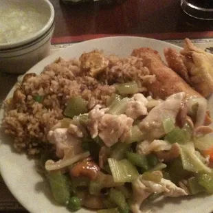 Fried rice, moo goo gai pan, crab ragoon, egg roll