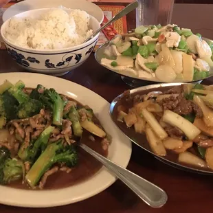 Pork and Broccoli, Beef and Vegetables, and Chicken  and vegetables