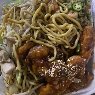 Chow main, shrimp fried rice , and brandy fried rice