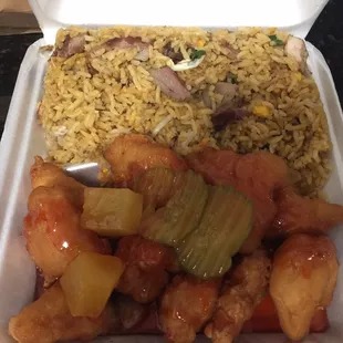 Sweet and sour chicken and pork fried rice
