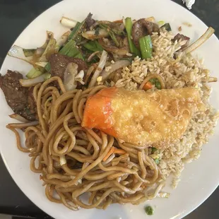 Lunch plate with Mongolian beef.