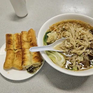 Youtiao and the wonton and beef brisket noodle soup