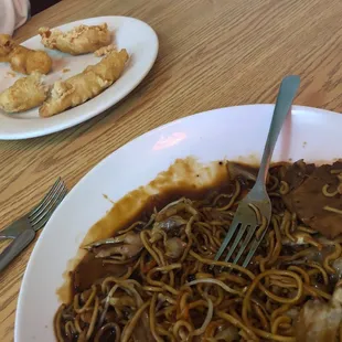 BBQ pork low mien and chicken tenders.