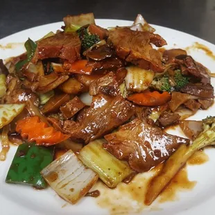 The nice gentleman enjoy his special and super spicy dish ~ Twice Cooked Pork ( This dish is not on our menu) today : )