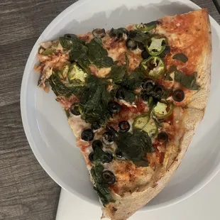 w slices from our Thin crust pizza with Bacon, spinach and black olives