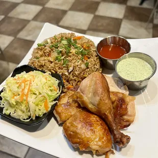 Combo Valenciano--Quarter Rotisserie Chicken, Veggie Fried Rice, Venezuelan Coleslaw, Salsa Guasacaca, Salsa Agridulce