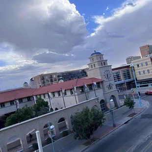 a view of a city with a clock tower