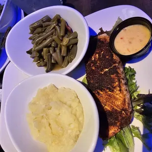 Pan roasted salmon with two sides