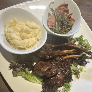 Jerk lamb chops, collard greens and smashed potatoes