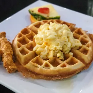 Cornbread Waffle w/ Mac &amp; Cheese and Chicken Strips