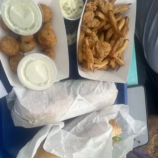 Fried Breaded Mushrooms, Shrimp + Fries Basket &amp; Fish Sandwiches (side of tarter &amp; grills special jalapeño sauce)