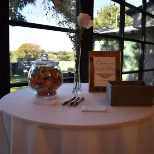 Cocktail tables set up for shower games.