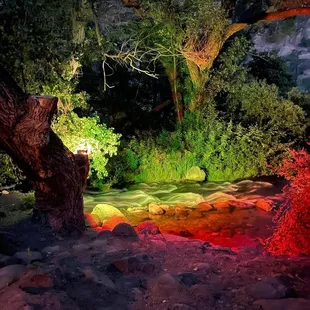 Zen spot in the evening on the creek. This spot is lit by colored lights &amp; showcases the small rapids