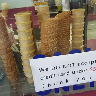 ice cream cones in a display case