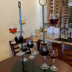 a table with wine glasses on it