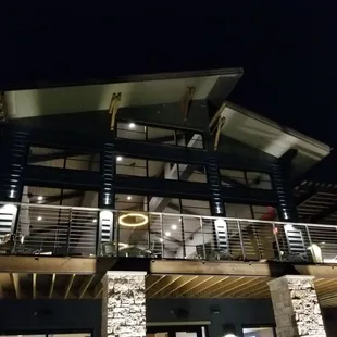 Canyon Farms Clubhouse back patio at night.