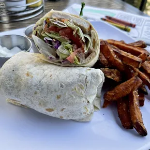 BLT wrap and awesome sweet potato fries!