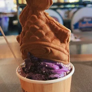Ube Taiyaki with rice balls and Oreo crumbs