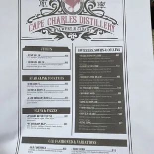 the menu for the restaurant
