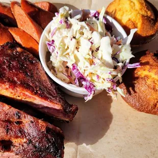 The 3 Meat (selected pork ribs, brisket and Louisiana sausages) plate