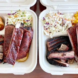2 meat combo: brisket (highly recommend) and pork ribs (+$2 more for each of these meat); $24 before tax per box