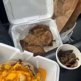 Thought the baked potato came with shredded cheese and I thought the mushrooms where whole let&apos;s mot talk about how the steak look