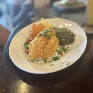 Catfish with sweet potatoes and cream spinach