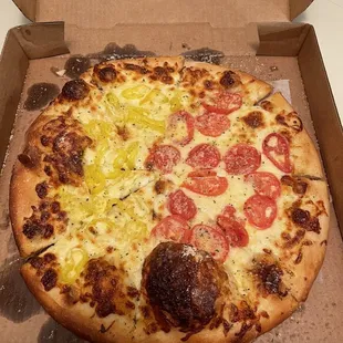 Medium white pizza, half banana pepper, half tomato