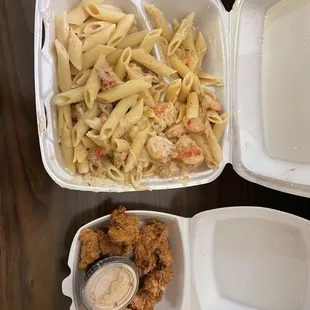 Alligator bites &amp; Seafood Pasta