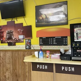 the front desk of a donut shop