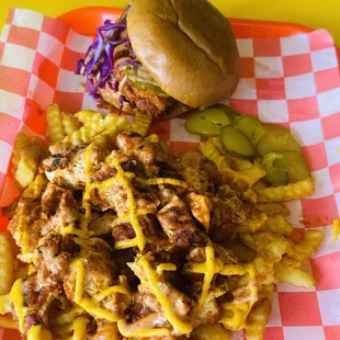 Chicken sandwich and loaded fries