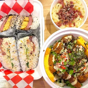 The OG Musubi, Hawaiian Macaroni, Chicken Donburi