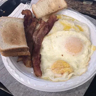 bacon, eggs, toast and toast
