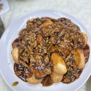 90. Egg Tofu with Spicy Meat Sauce