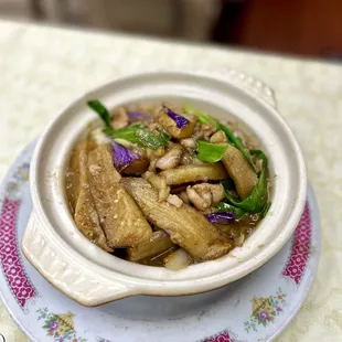 Salted Fish, Chicken, Eggplant Claypot