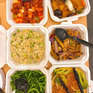 House Fried Rice, Braised Tofu, Pea Shoots, chow mein, eggplant, Sweet and Sour Pork (07/2023)