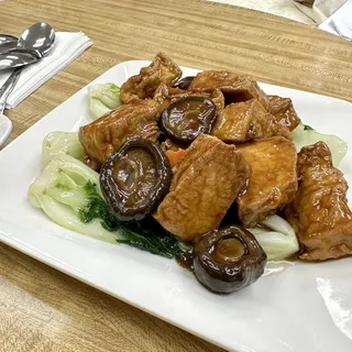 84. Braised Tofu with Black Mushrooms and Greens
