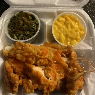 Fried catfish plate with greens  and mac &amp; cheese