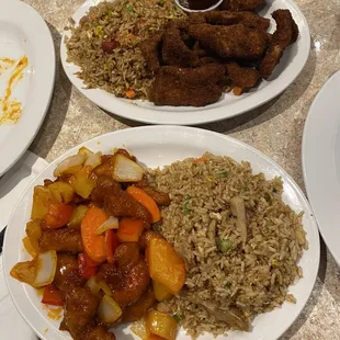 Top: mandarin pork with bbq pork fried rice  Bottom: Sweet and sour chicken with chicken fried rice