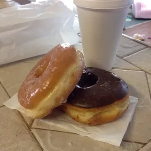 2 donuts and a medium hot chocolate for $3.45