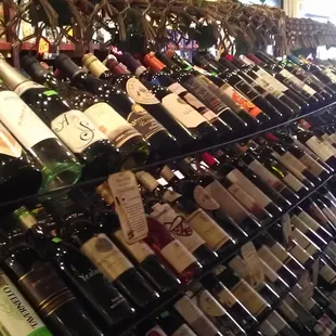 a wall of wine bottles