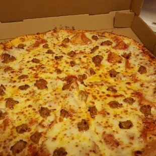 Large pepperoni, sausage, and extra cheese