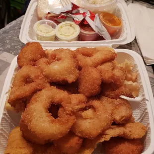 two trays of deep fried shrimp